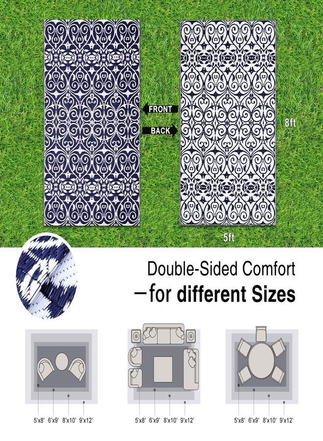 OLANLY Outdoor Rug Waterproof 5x8 ft Clearance, Reversible Plastic Straw Rug with Floral Pattern, RV Mat for Patio, Camping, Balcony, Deck, Backyard, Navy & White - Image 2