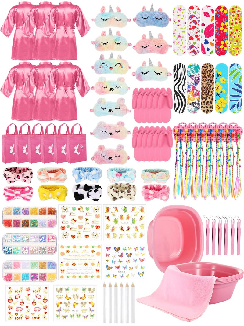 Suhine 6 Set Spa Party Supplies for Girls Kids 6 Satin Robes Spa Kit Sleepover Birthday Slumber Party Favors Nail Salon PackPink