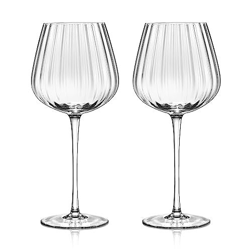 Joeyan HandBlown Crystal Red and White Wine GlassesClear Ribbed Stemmed GlassesModern Long Stem Glassware SetGifts for Wine Tasting Birthday Anniversary Wedding185 ozSet of 2 - Image 1