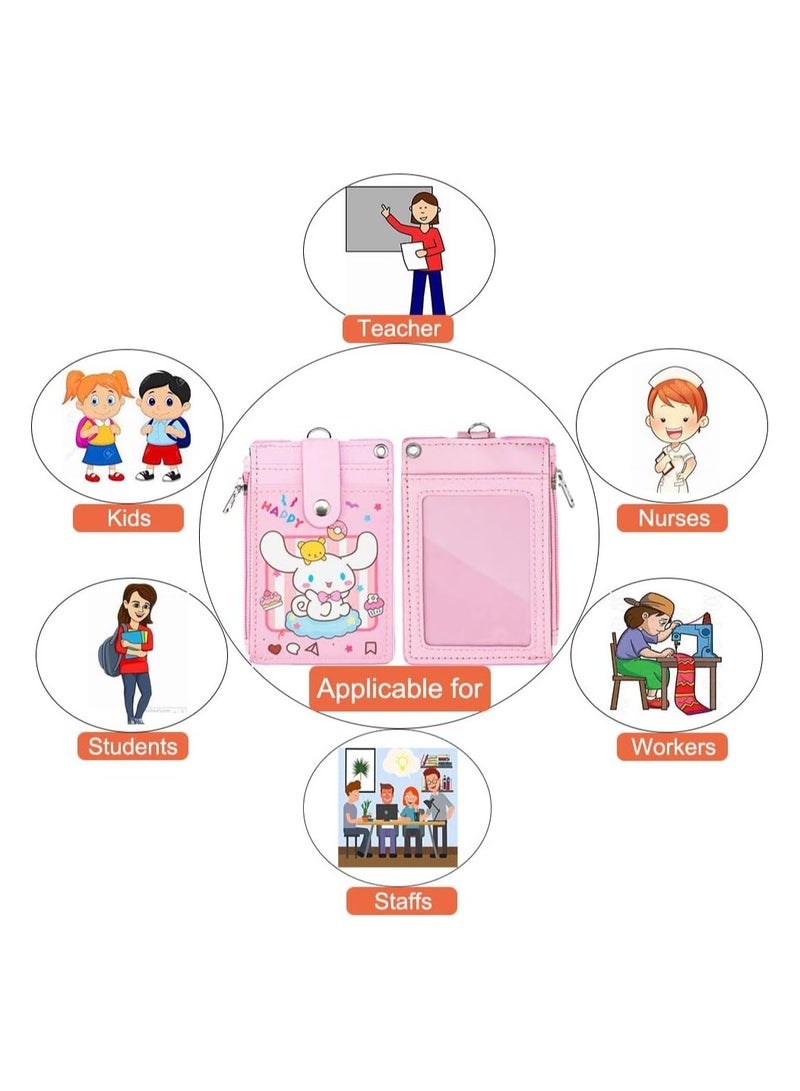 عام حافظة بطاقة تعريف لطيفة مع حزام عنق، حافظة بطاقات كرتونية متينة من جلد PU، تحتوي على جيب بسحّاب، محفظة مع حلقة مفاتيح، وحزام عنق، مناسبة للطلاب، المراهقين، والموظفين - Image 5