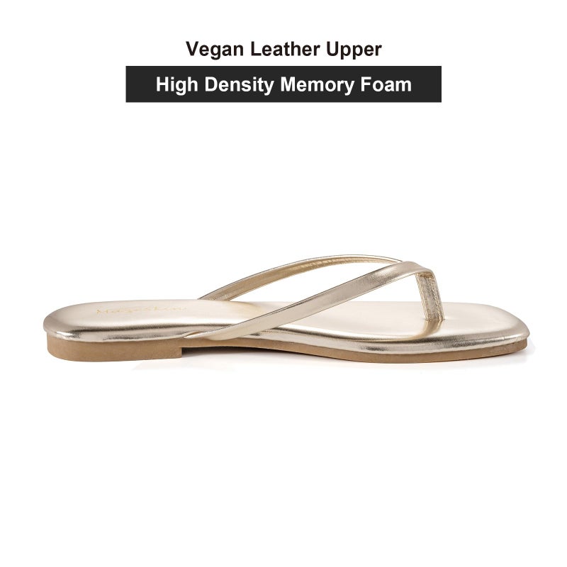 mazeskin Womens Flip Flops Memory Foam Square Toe Flat Sandals Vegan Leather Summer Beach Slides,Gold US8 - Image 3