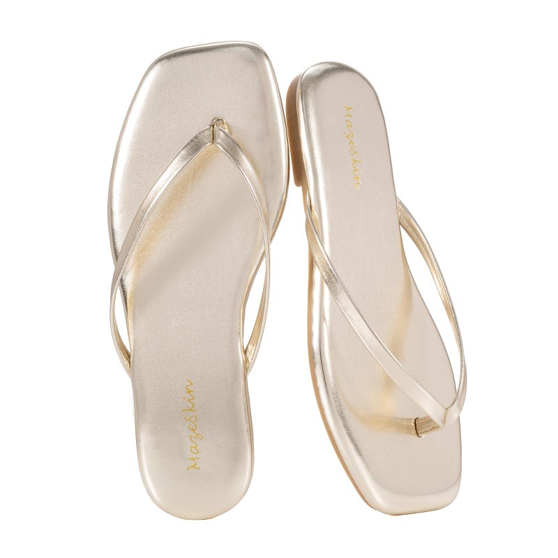 mazeskin Womens Flip Flops Memory Foam Square Toe Flat Sandals Vegan Leather Summer Beach Slides,Gold US8 - Image 1
