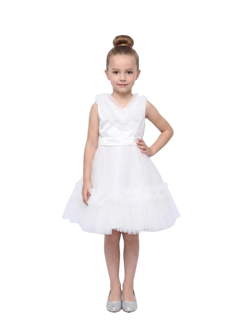 بيداني Girls' Tiered Tulle Ruffle Dress - White