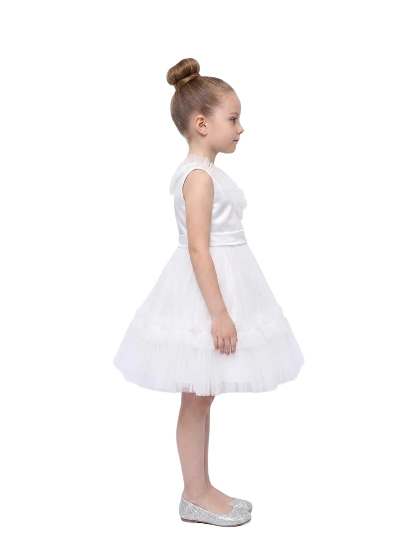 بيداني Girls' Tiered Tulle Ruffle Dress - White