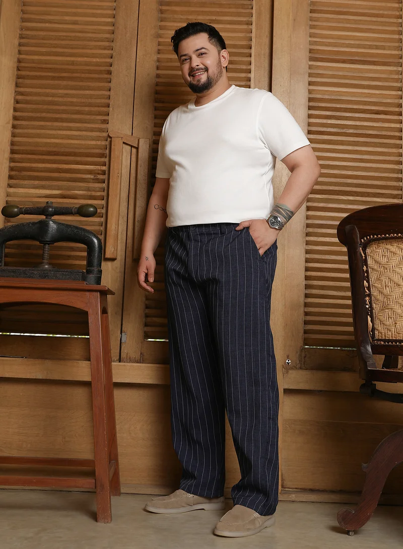 Instafab Plus Instafab Plus Men's Charcoal Black Pinstripe-Pleated Chino Trousers For Casual Wear | Mid-Rise | Straight Fit | Hook & Zip Closure | Plus Size Trousers Crafted With Comfort Fit For Everyday Wear