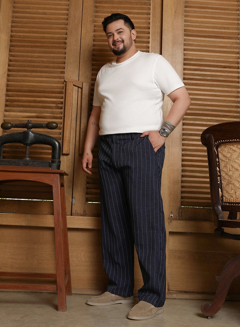 Instafab Plus Instafab Plus Men's Charcoal Black Pinstripe-Pleated Chino Trousers For Casual Wear | Mid-Rise | Straight Fit | Hook & Zip Closure | Plus Size Trousers Crafted With Comfort Fit For Everyday Wear  - Image 5