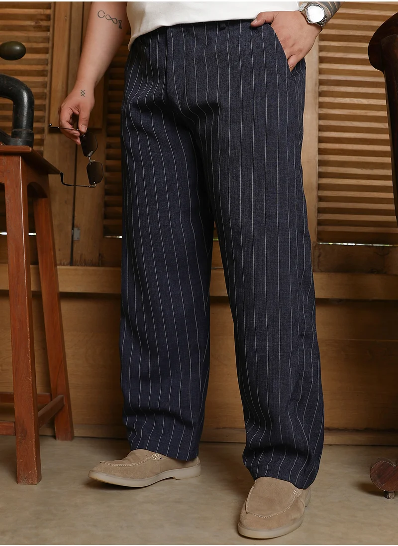 Instafab Plus Instafab Plus Men's Charcoal Black Pinstripe-Pleated Chino Trousers For Casual Wear | Mid-Rise | Straight Fit | Hook & Zip Closure | Plus Size Trousers Crafted With Comfort Fit For Everyday Wear