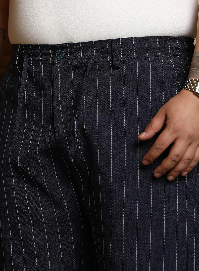Instafab Plus Instafab Plus Men's Charcoal Black Pinstripe-Pleated Chino Trousers For Casual Wear | Mid-Rise | Straight Fit | Hook & Zip Closure | Plus Size Trousers Crafted With Comfort Fit For Everyday Wear