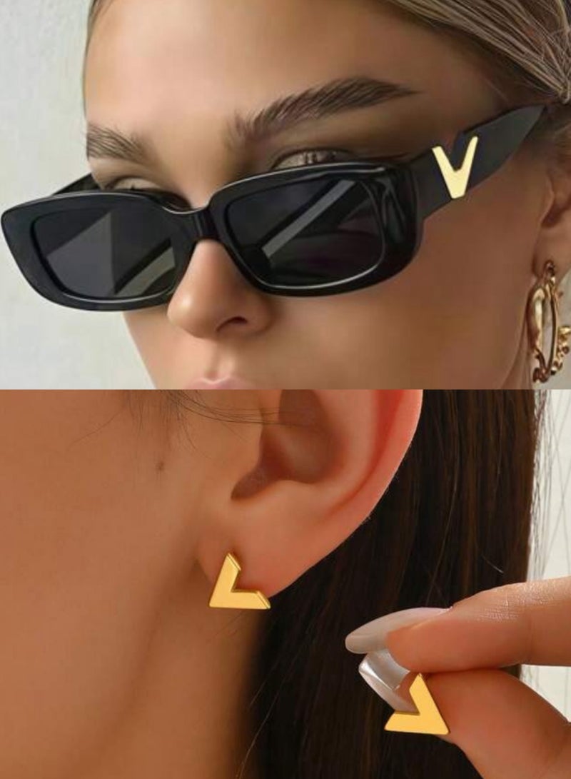 في باند ‎طقم اكسسوارات نسائي يحتوي على نظارة شمسية وحلق اذن ذهبي أنيق بجودة عالية وتصميم عصري - Image 4