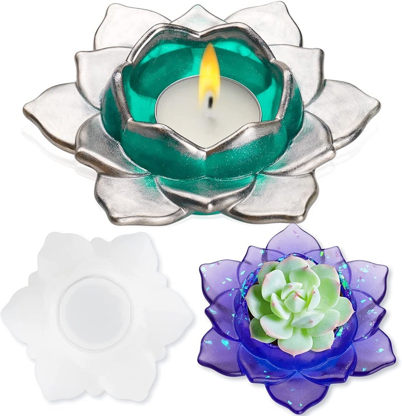 BRIGHTAIL INFRA BRIGHTAIL INFRA 1 pcs of Lotus Tealight Candles Holders Resin Mold Flower Candlestick Epoxy Casting Silicone Molds Lotus Storage Box Mold for DIY Candlestick Jewelry Box Candy Tray 