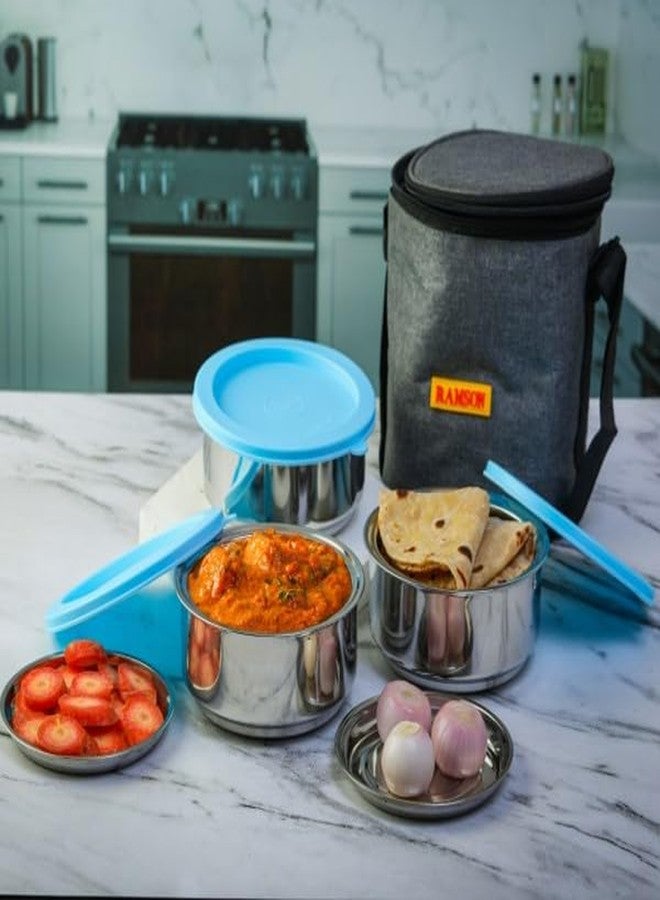 Ramson Stainless Steel Insulated Tiffin Box | Set of 3 Stainless Steel Container | Full Meal Pack, Leak Proof - (325ml Each, Blue) - Image 1