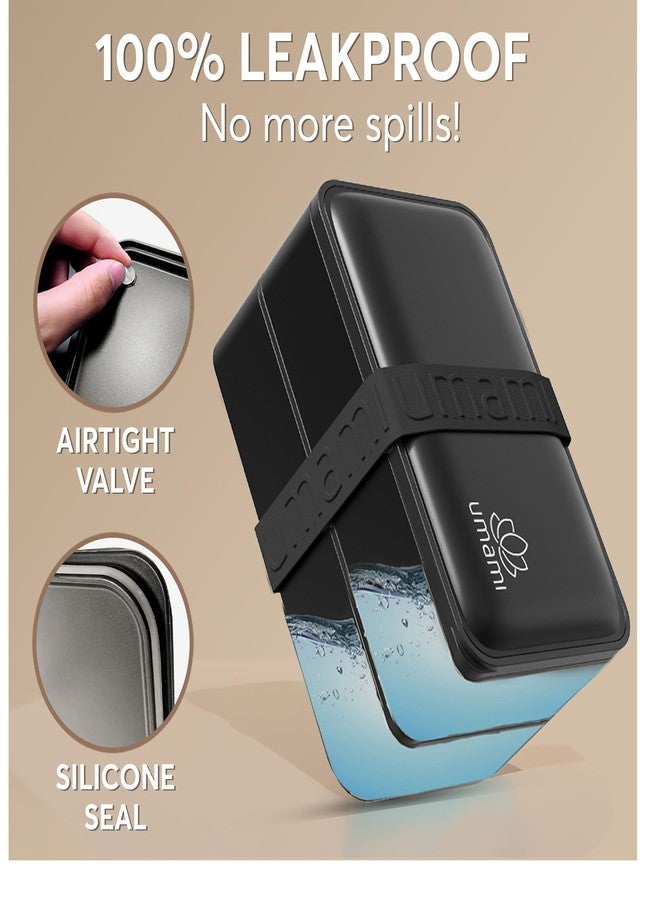 Umami Bento Box Adult All-In-1 w/4 Utensils, 2 Sauce Jar, 2 Dividers, 100% Leakproof, Microwave & Dishwasher Safe, Stackable Bento Lunch Box Containers for Men/Women, Matte Black, 40 oz - Image 4