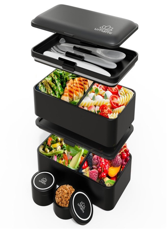 Umami Bento Box Adult All-In-1 w/4 Utensils, 2 Sauce Jar, 2 Dividers, 100% Leakproof, Microwave & Dishwasher Safe, Stackable Bento Lunch Box Containers for Men/Women, Matte Black, 40 oz - Image 1