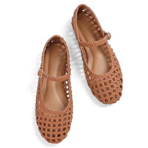 Atsroel Brown Woven Ballet Flats for Women Round Toe Mesh Flats Buckle Strap Flat Shoes Comfortable Mary Jane Dressy Mesh Shoes Casual Ballerina Mary Janes Size 8 - Image 1