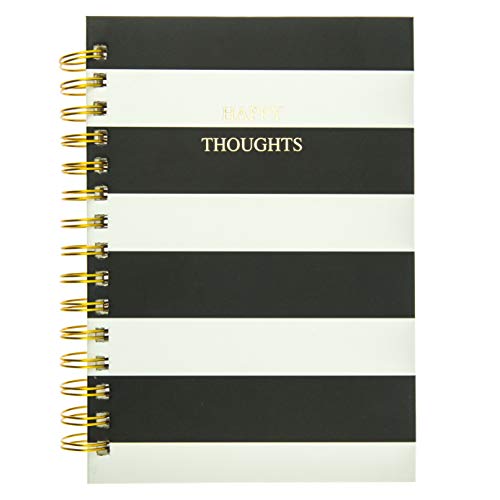 Graphique Classic Charm Hard Cover Journal w/ Elegant Black and White Stripes & "Happy Thoughts" in Embellished Gold Foil Across the Cover, 160 Ruled Pages, 6.25" x 8.25" x 1" - Image 1