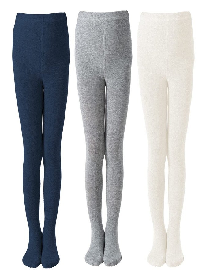 Marchare Little Kids Winter Tights Thick Cotton Solid Leggings School Uniform 6-8 Years Warm Stockings For Girls Navy/Ivory White/Grey 3 Pack - Image 1
