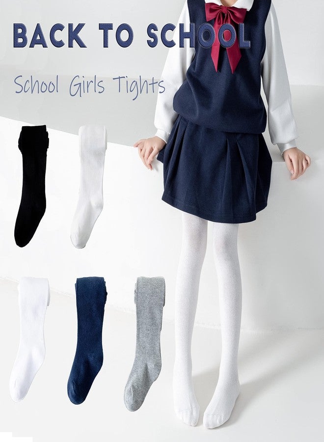 Marchare Little Kids Winter Tights Thick Cotton Solid Leggings School Uniform 6-8 Years Warm Stockings For Girls Navy/Ivory White/Grey 3 Pack - Image 2