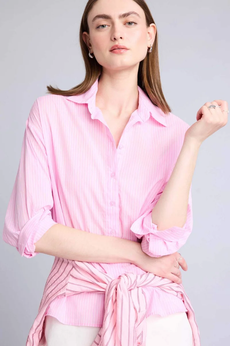ديفاكتو Oversize Striped Voile Long Sleeve Shirt