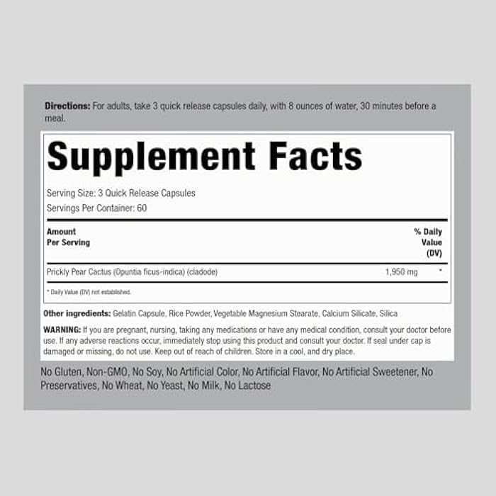 Piping Rock Nopal Cactus Capsules 1950mg | 180 Count | Prickly Pear Supplement | Non-GMO, Gluten Free - Image 2
