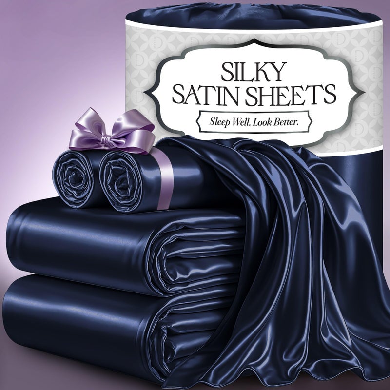 DECOLURE Satin Bed Sheets 4 Piece Luxury Silky King Size Bedding Set Softer Than Silk WrinkleFree with 15 Deep Pocket Fitted Sheet Perfect for Hair Skin Gifts for Women Navy Blue