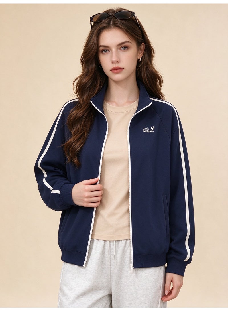 Jack Wolfskin Unisex Stand-Up Collar Zip-Up Jacket with Striped Sleeves - Image 2