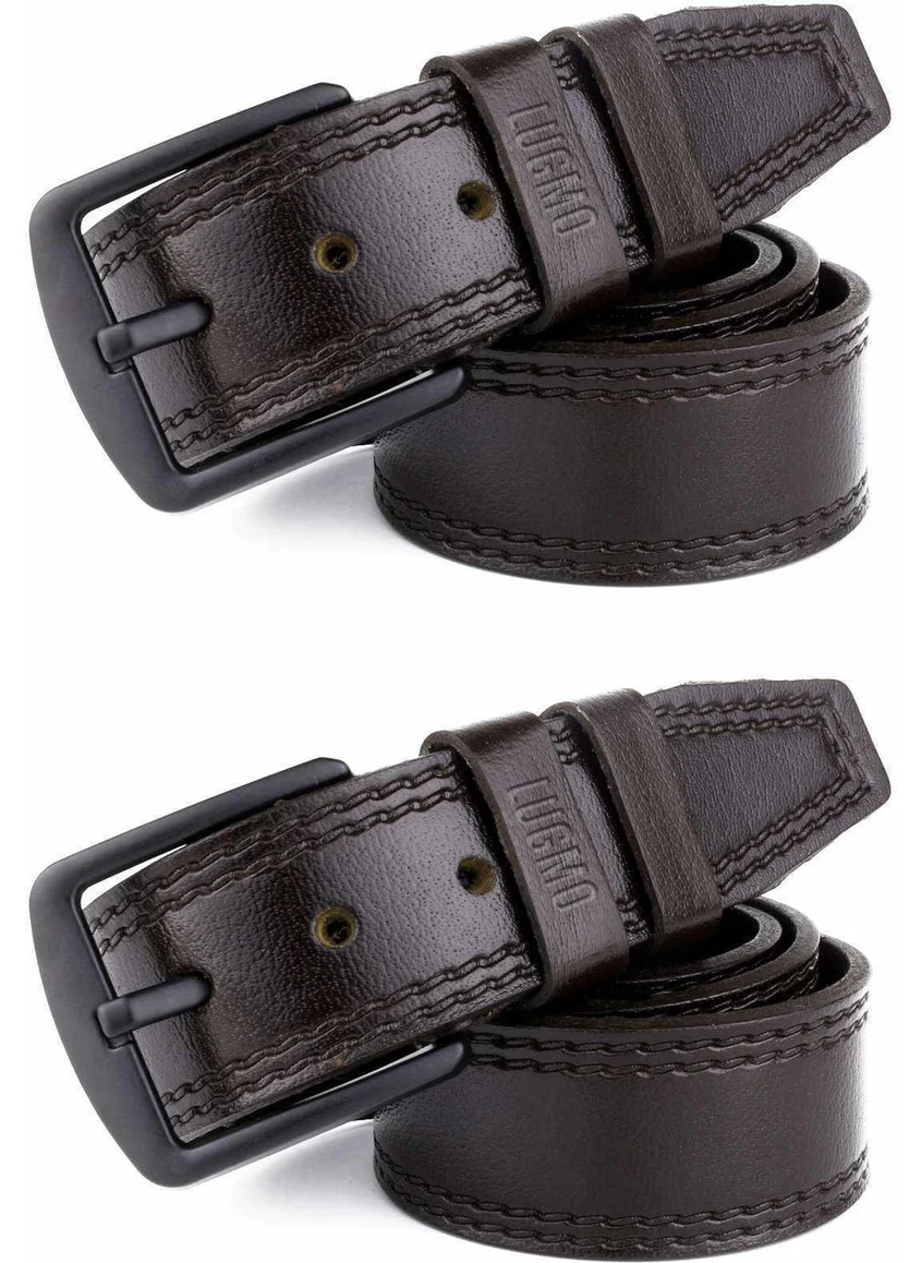 Lugmo 2 Pieces Leather Men's Belt 4.5 cm Brown with Stitching Pattern