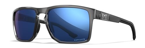 Wiley X WX Founder Sunglasses Safety Glasses for Men Shatterproof UV Eye Protection for Combat, Shooting Captivate Polarized Blue Mirror Lenses Gloss Crystal Grey Frames - Image 1