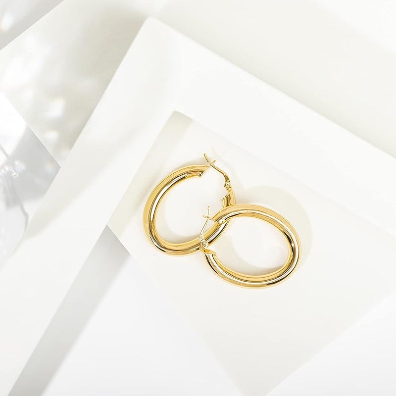 PAVOI 14K Gold Plated Sterling Silver Post Monet Oval Chunky Lightweight Hoop Earrings for Women - Image 3