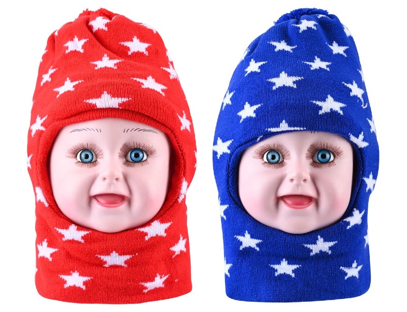 Queen Style Cute Woolen Monkey Caps for Boys and Girls (Fit for Age 2-5 Years- Pack of 2) (in, Age, 2 Years, 5 Years, Red and Blue) - Image 1
