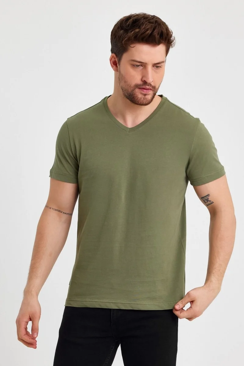 ميتاليك Metalic Men's Khaki Cotton Short Sleeve V Neck T-Shirt