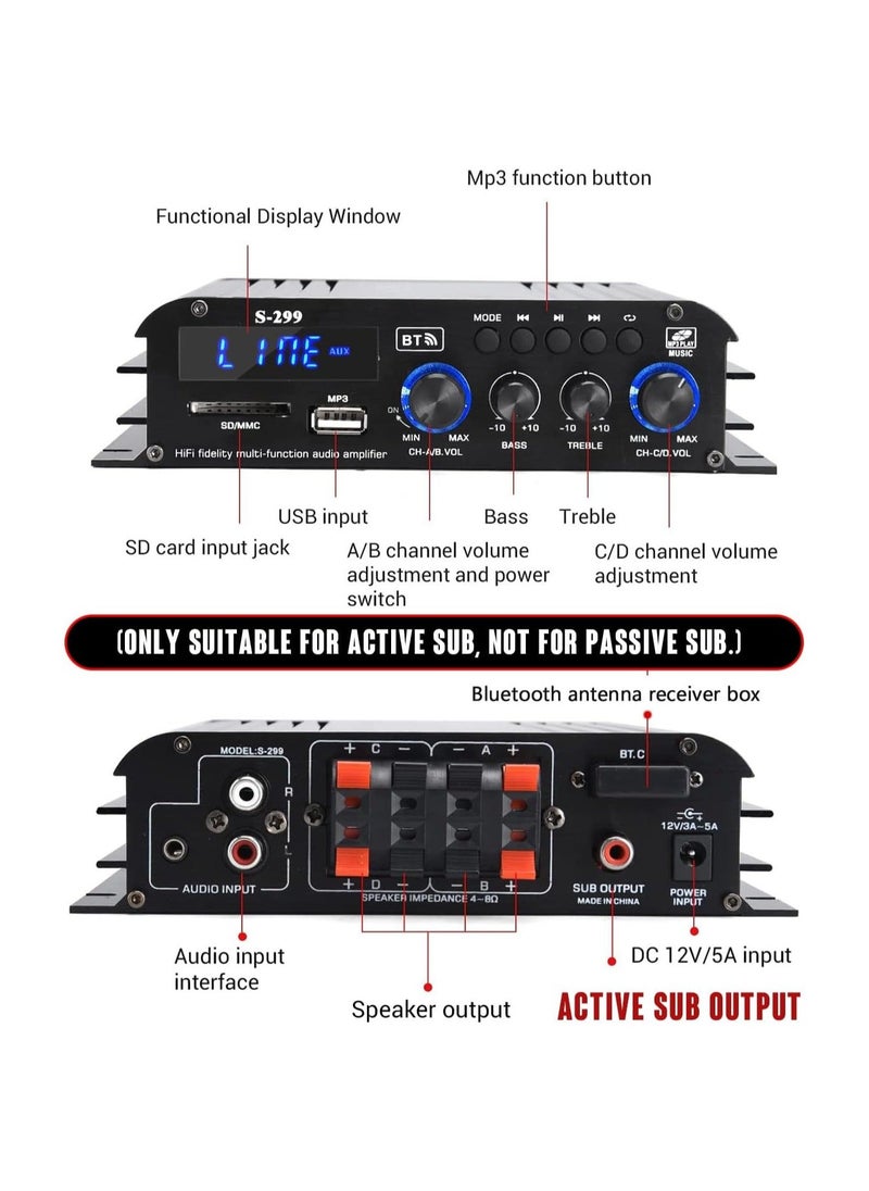 Generic - S-299 4.1CH Bluetooth Power Amplifier Active Subwoofer Output (NOT Passive Subwoofer), Max 800W RMS 40W x 4 Subwoofer Amplifier Hi-Fi Integrated Mini Speaker Amp Audio Sub Bass Amp (UK Regulatory) - Image 1