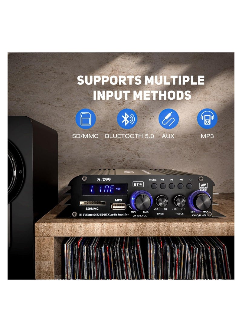 Generic - S-299 4.1CH Bluetooth Power Amplifier Active Subwoofer Output (NOT Passive Subwoofer), Max 800W RMS 40W x 4 Subwoofer Amplifier Hi-Fi Integrated Mini Speaker Amp Audio Sub Bass Amp (UK Regulatory) - Image 1