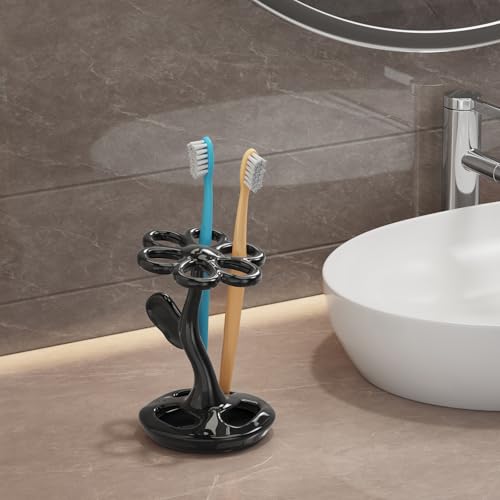 haomsj Toothbrush Holder for Bathroom, Flower Shape Ceramic Toothbrush Organiser, Holds 6 Standard Brushes (It's Black) - Image 2
