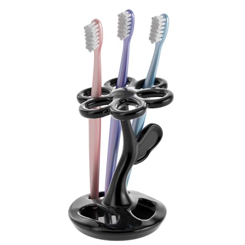haomsj Toothbrush Holder for Bathroom, Flower Shape Ceramic Toothbrush Organiser, Holds 6 Standard Brushes (It's Black) - Image 1