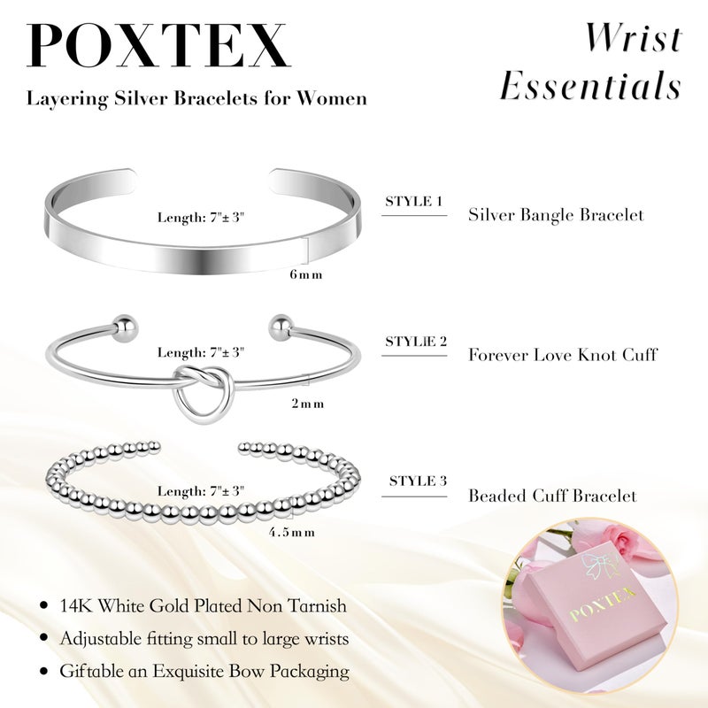 Poxtex Silver Cuff Bracelets Set for Women, Silver Bangle Link Chain Bracelets, Trendy Stackable Waterproof Jewelry Gifts Adjustable - Image 4