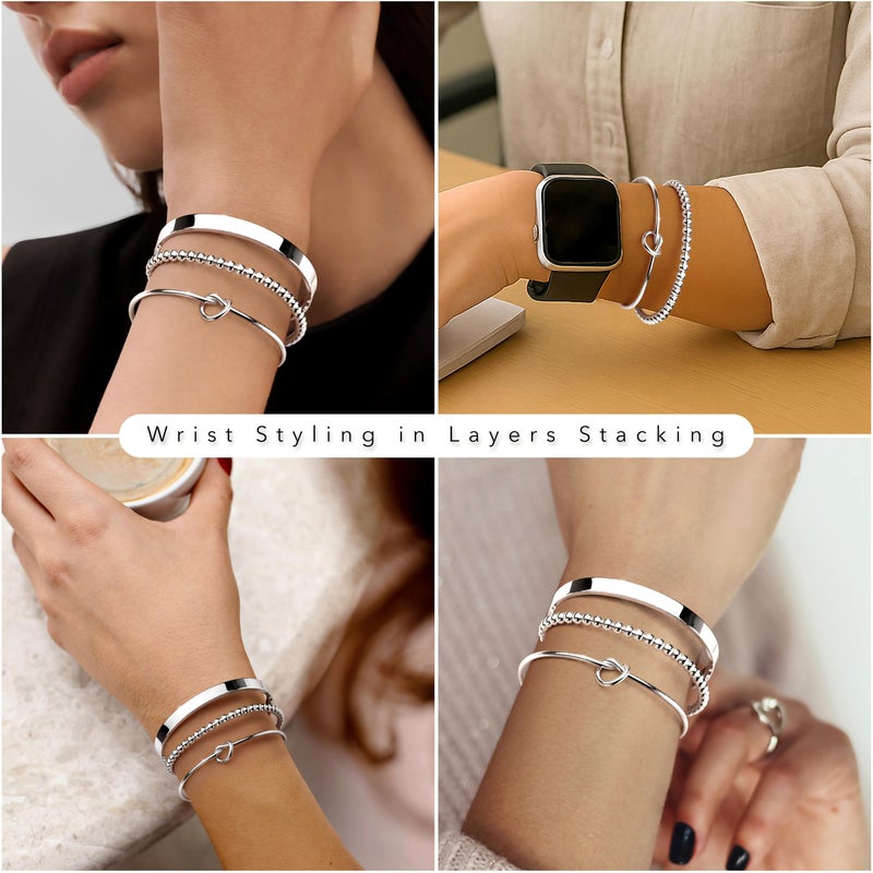 Poxtex Silver Cuff Bracelets Set for Women, Silver Bangle Link Chain Bracelets, Trendy Stackable Waterproof Jewelry Gifts Adjustable - Image 3