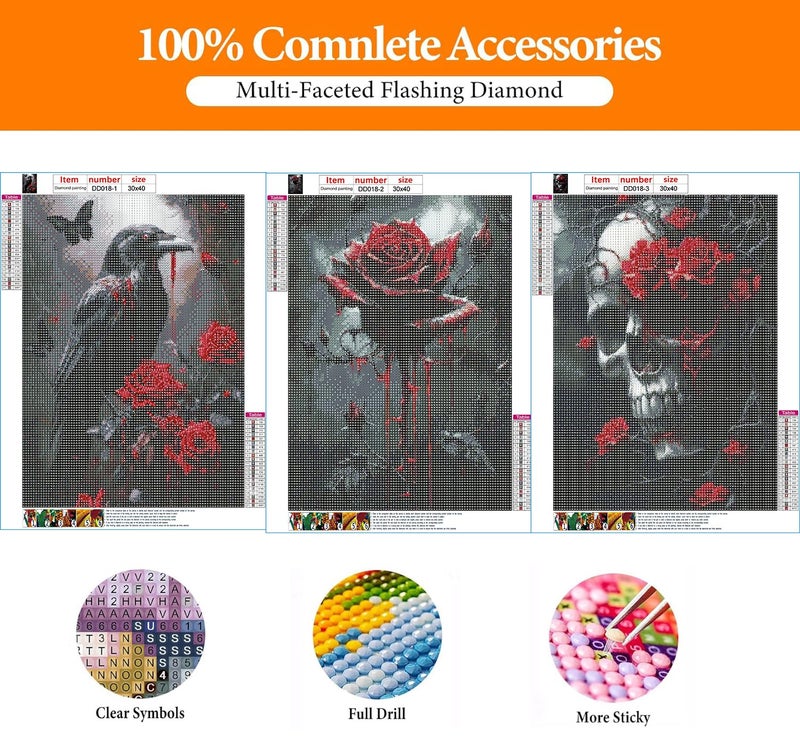 DAZZLEDOTS Diamond Art Kits for Adults, 3-Pack Halloween Diamond Painting Kits for Beginner Skull Round 5D Full Drill Diamond Dots Crafts for Home Wall Decor Gifts 12x16 Inch - Image 4