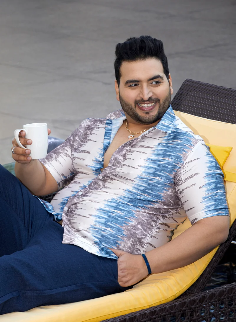 Instafab Plus Instafab Plus Men's Indigo Blue & Charcoal Grey Indie Satin Shirt For Casual Wear | Spread Collar | Short Regular Sleeves | Button Closure | Plus Size Shirt Crafted With Comfort Fit For Everyday Wear