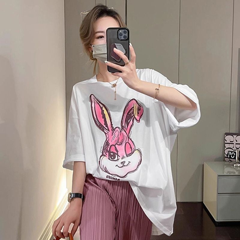 Trendy Short-sleeved T-shirt Women's 2023 New Summer Breathable Loose Cotton Rabbit Printed Midi Large Size Top - Image 5