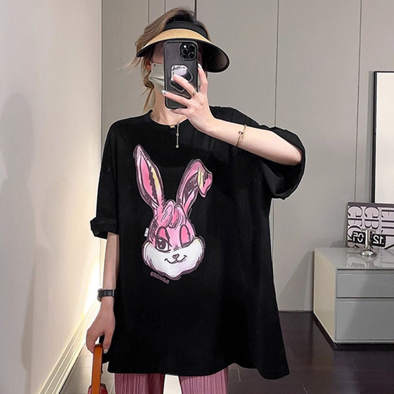 Trendy Short-sleeved T-shirt Women's 2023 New Summer Breathable Loose Cotton Rabbit Printed Midi Large Size Top - Image 2