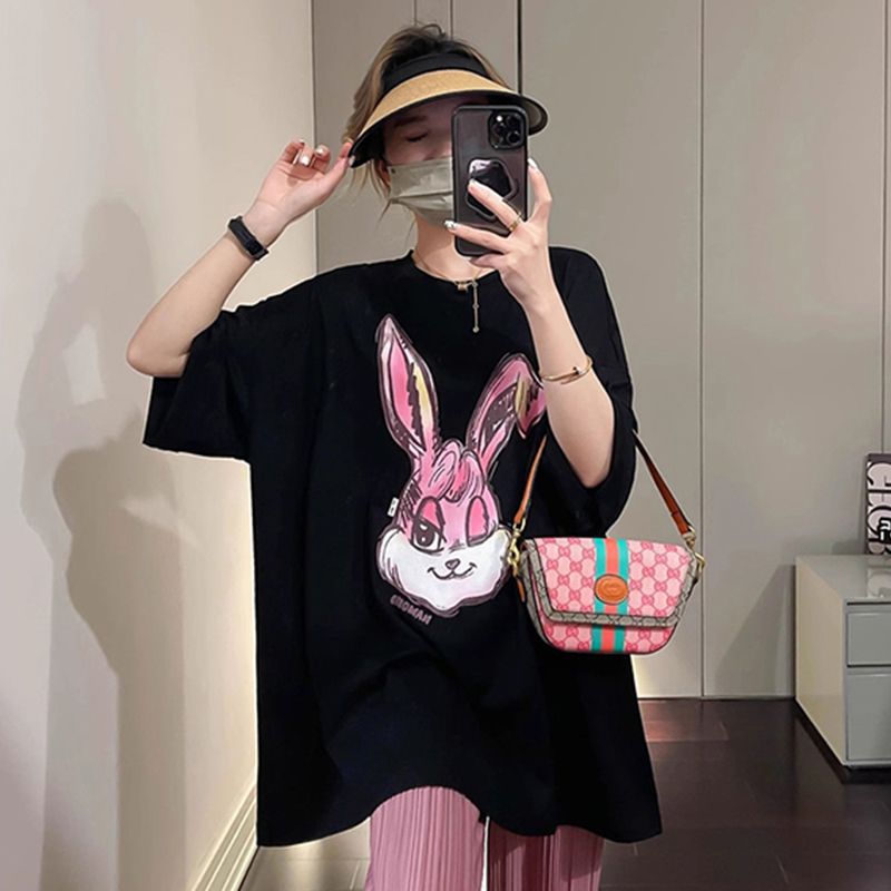 Trendy Short-sleeved T-shirt Women's 2023 New Summer Breathable Loose Cotton Rabbit Printed Midi Large Size Top - Image 3