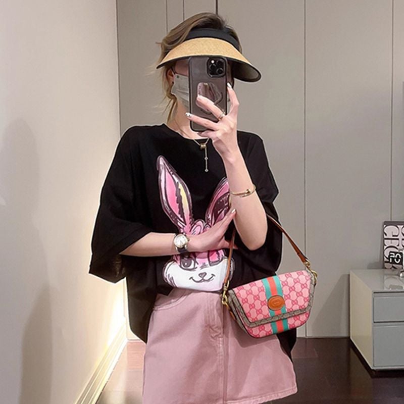 Trendy Short-sleeved T-shirt Women's 2023 New Summer Breathable Loose Cotton Rabbit Printed Midi Large Size Top - Image 4