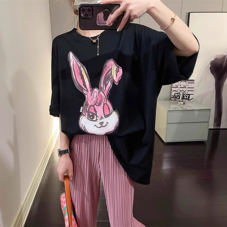 Trendy Short-sleeved T-shirt Women's 2023 New Summer Breathable Loose Cotton Rabbit Printed Midi Large Size Top - Image 1