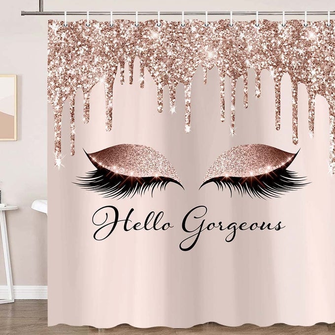 HELLO GORGEOUS SHOWER CURTAIN FOR BATHROOM UNICORN EYELASH PINK GREY ROSE GOLD GLITTER DRIPS BATH CURTAINS WATERPROOF POLYESTER SHOWER CURTAIN SET FOR TEEN GIRLS WOMAN WITH HOOKS 69X70