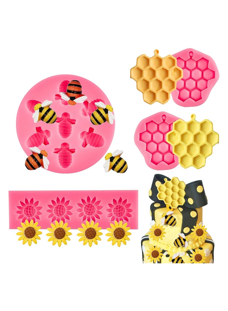 Zikra 4 Pieces Silicone Mold Bumble Bee Chocolate Sugarcraft Baking Tool DIY Cake Silicone Mold Honeycomb Sunflower and Bee Fondant Molds for Cupcake Cake Decorating Sugar - Image 2