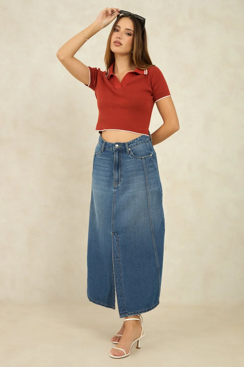 فيرجيو Cotton Denim Daywear Panelled Midi Slit Skirts for Women