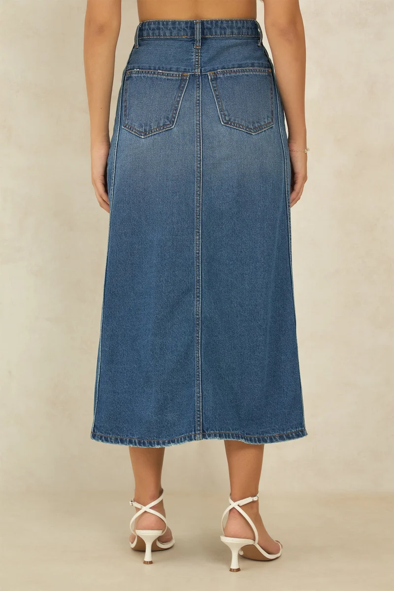 Virgio Cotton Denim Daywear Panelled Midi Slit Skirts for Women