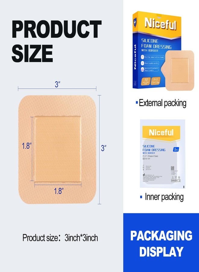 Niceful Silicone Foam Wound Dressing 3x3 in (7.5x7.5cm) - Waterproof Ultra Soft Adhesive Bandages for Sensitive Skin, Minor Surgical Incisions, Abrasions & Blisters(10 Pcs) - Image 5