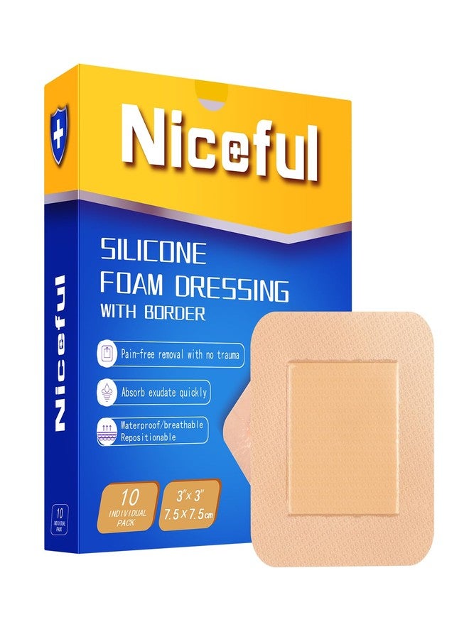 Niceful Silicone Foam Wound Dressing 3x3 in (7.5x7.5cm) - Waterproof Ultra Soft Adhesive Bandages for Sensitive Skin, Minor Surgical Incisions, Abrasions & Blisters(10 Pcs) - Image 1
