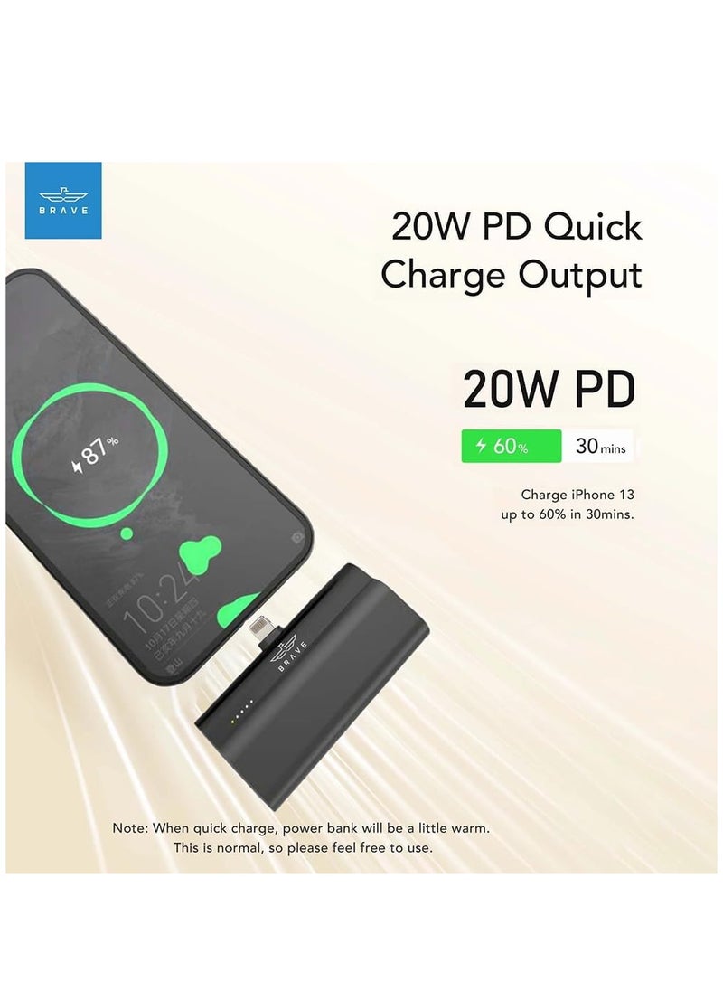 Brave Mini 5000mAh Power Bank, PD 20W Quick Charging Portable Charger & Battery Pack Compatible with iPhone 14 Pro/14 Pro Max /14/13 Pro/13 Pro Max/12 Pro/XR/X/8/7/6, iPad, Air Pods – Black  - Image 2
